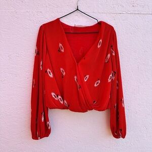 ASTR Pleated Long Sleeve Surplice Top